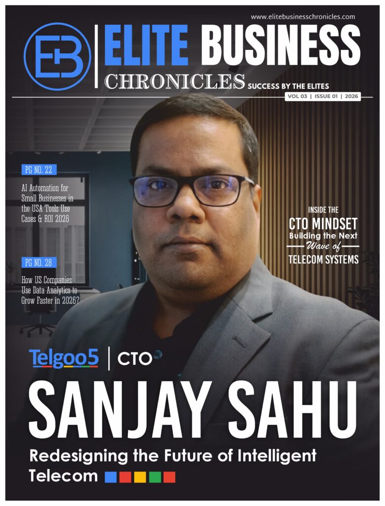 “A magazine-style cover featuring a middle-aged man in a dark suit and light striped shirt, smiling confidently. The masthead reads ‘Elite Business Chronicles.’ Headlines on the cover highlight topics such as portfolio analysis, optimization platforms, technological advancements, and money management tips. The main cover line reads: ‘Sanjay Sahu - Inside the CTO Mindset: Building the Next Wave of Telecom Systems.’ The person is labeled as Sanjay Sahu.”