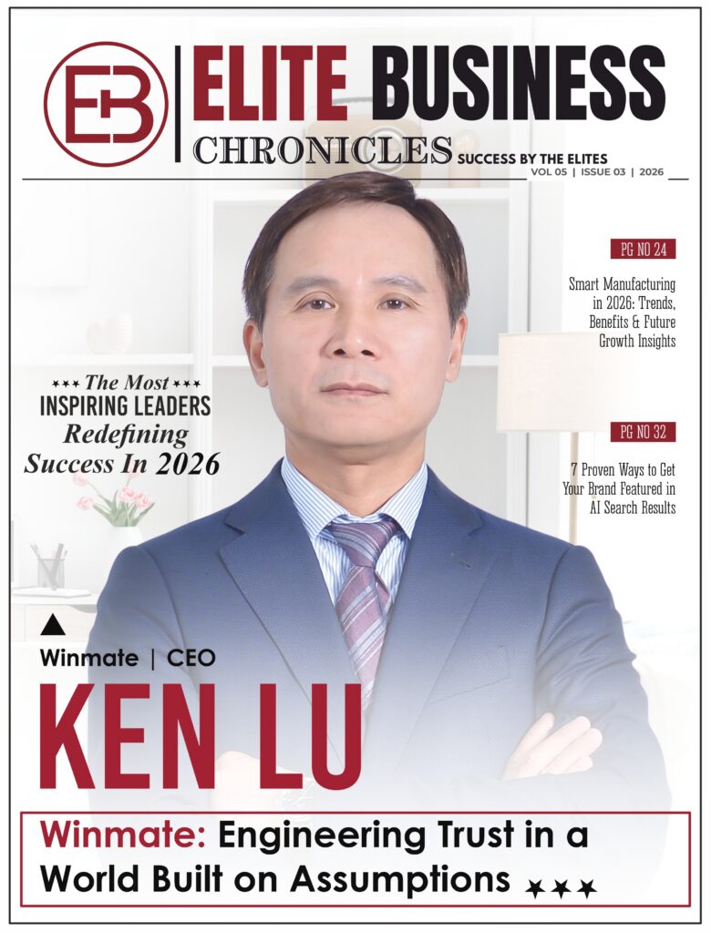 Elite Business Chronicles magazine cover showcasing Ken Lu of Winmate as one of “The Most Inspiring Leaders Redefining Success in 2026,” highlighting innovation, smart manufacturing, and industrial technology leadership.